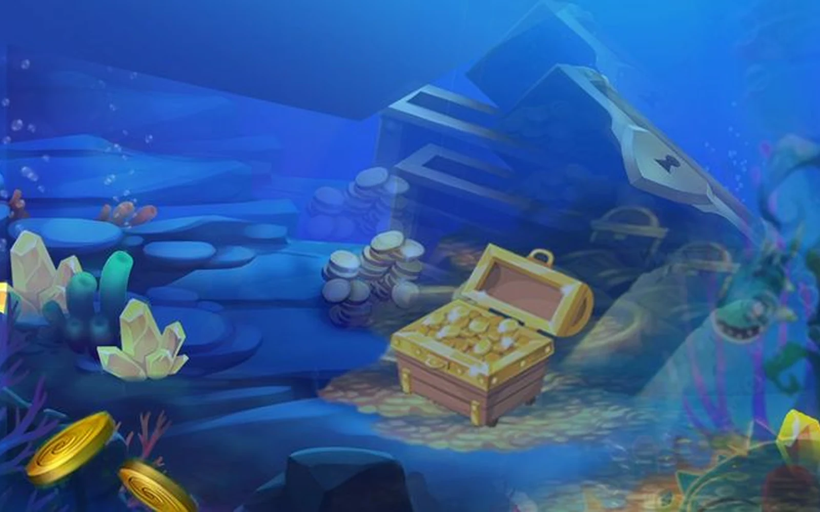 ฉากเกมยิงปลาที่มีปลาและเป้าหมายหลายชนิดในโลกใต้น้ำ